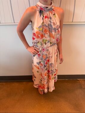Adrianna Papell Cream Halter Maxi Dress with Multicolor Floral Print